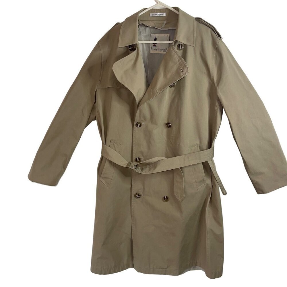 Misty Harbor Vintage Mens Coat Size 44 Tan Long Trench Twill Pockets Belt